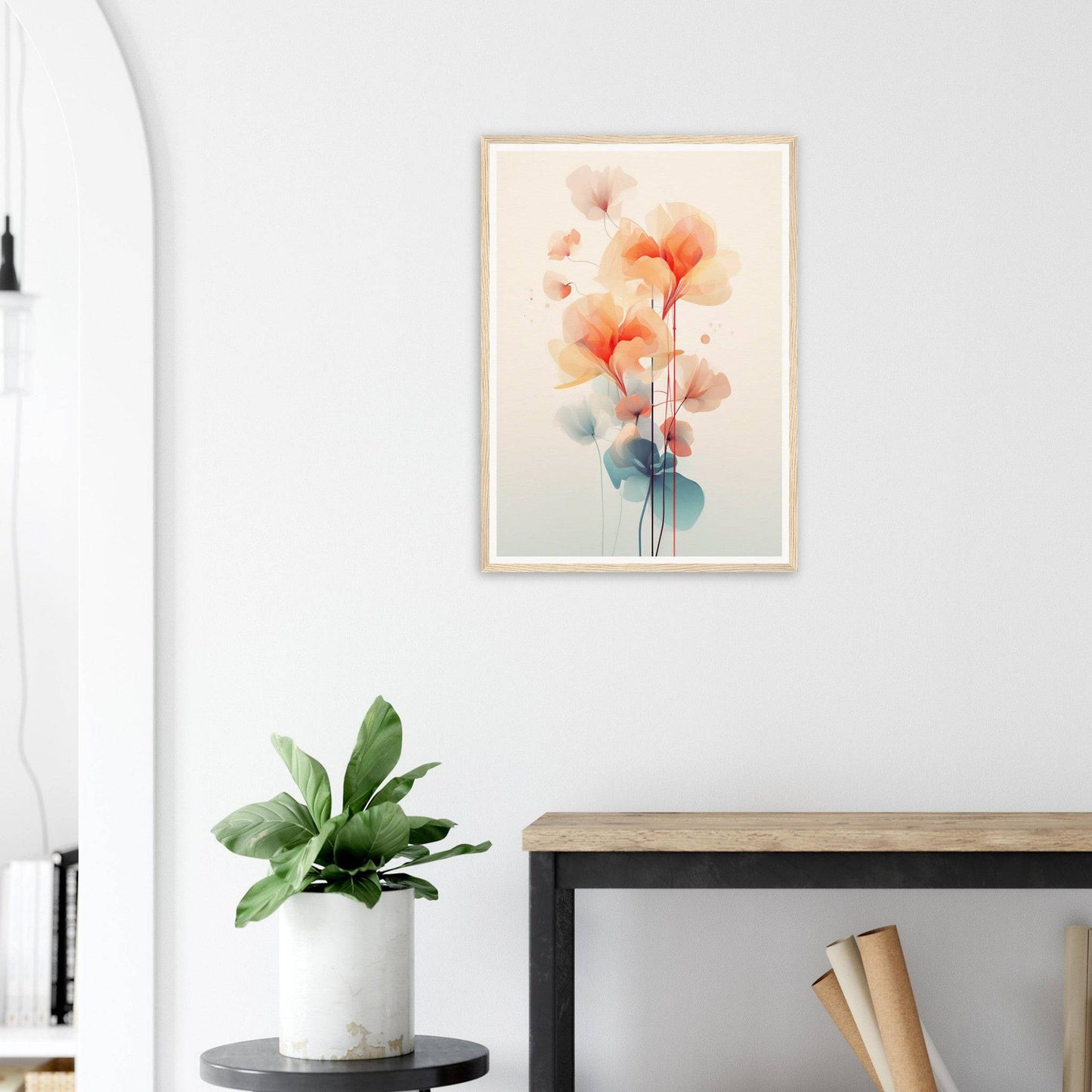 A framed print of a flower on a wall