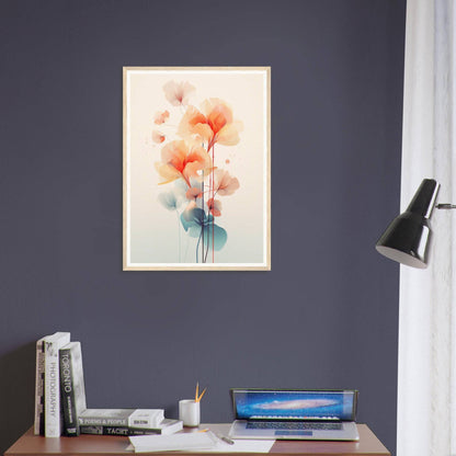 A framed print of a flower on a wall