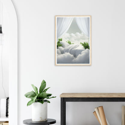 A framed print of a green tree in the clouds