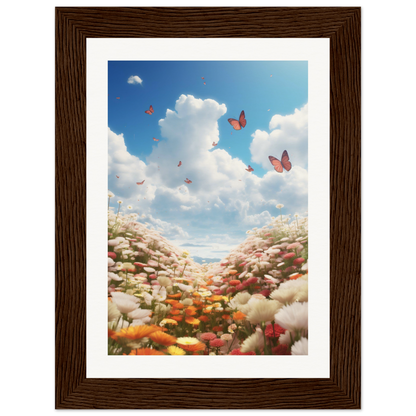 A framed print of a landscape with butterflies flying in the sky