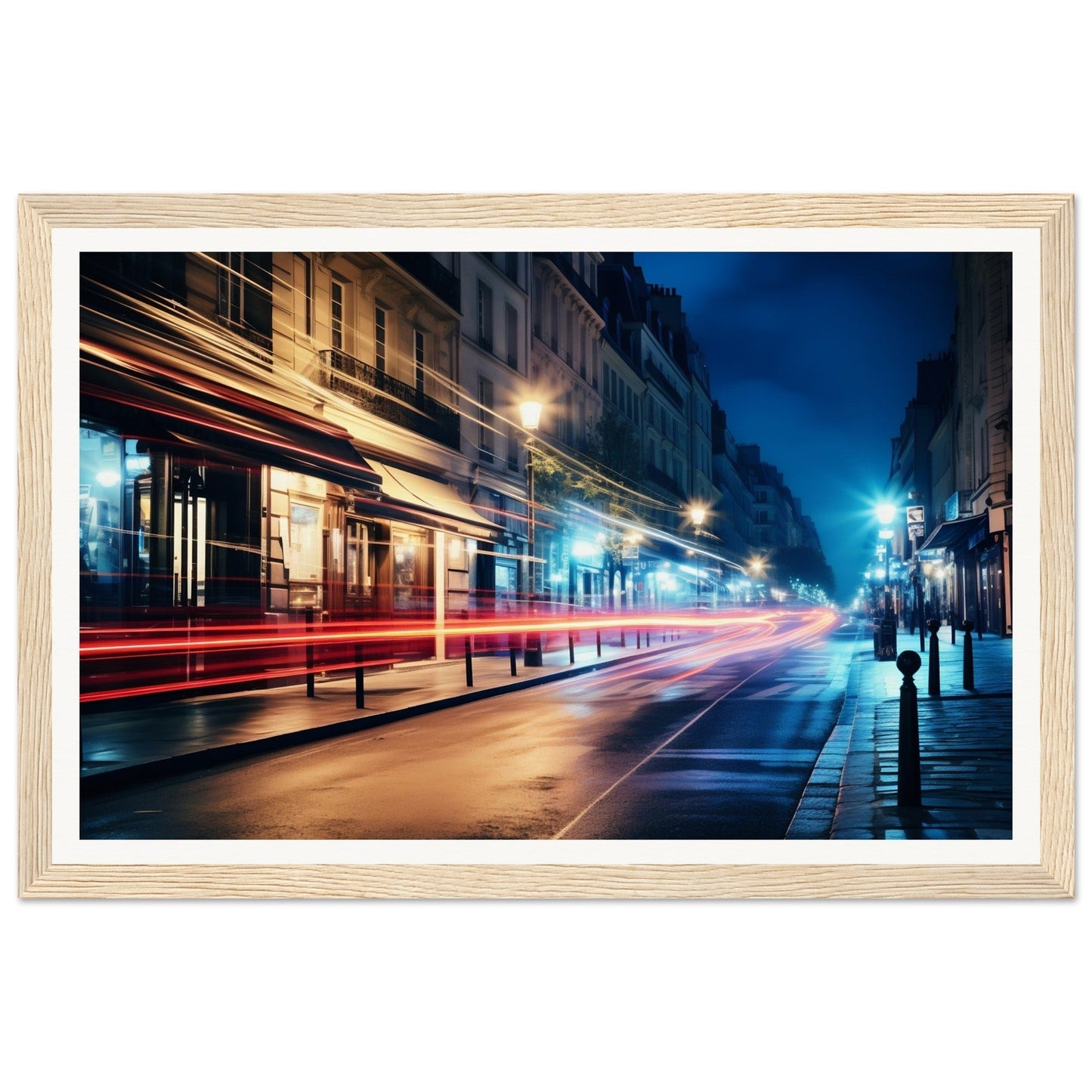 A framed print of a london street at night