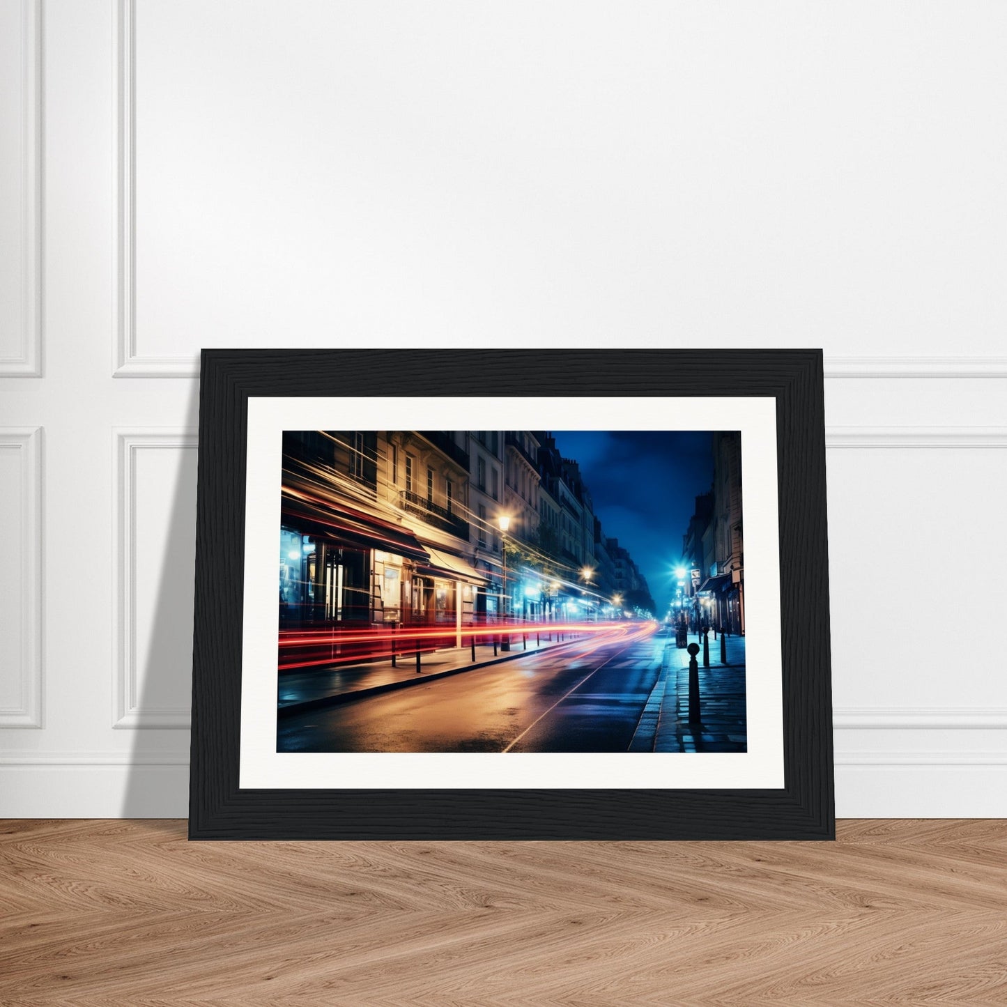 A framed print of a london street at night