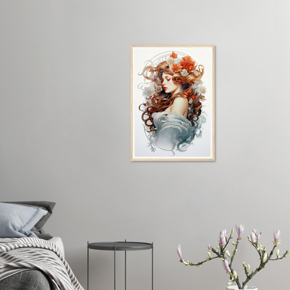 A framed print of a mermaid with long hair and a red flower in her hair