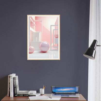 A framed print of a pink ball on a wall