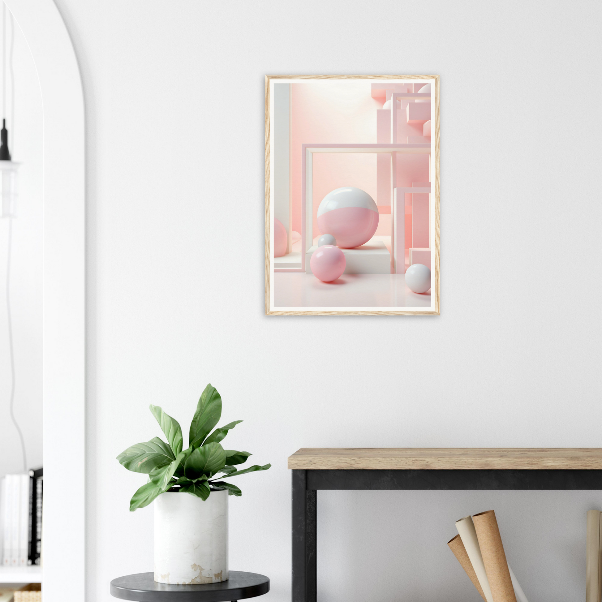 A framed print of a pink ball and a white vase