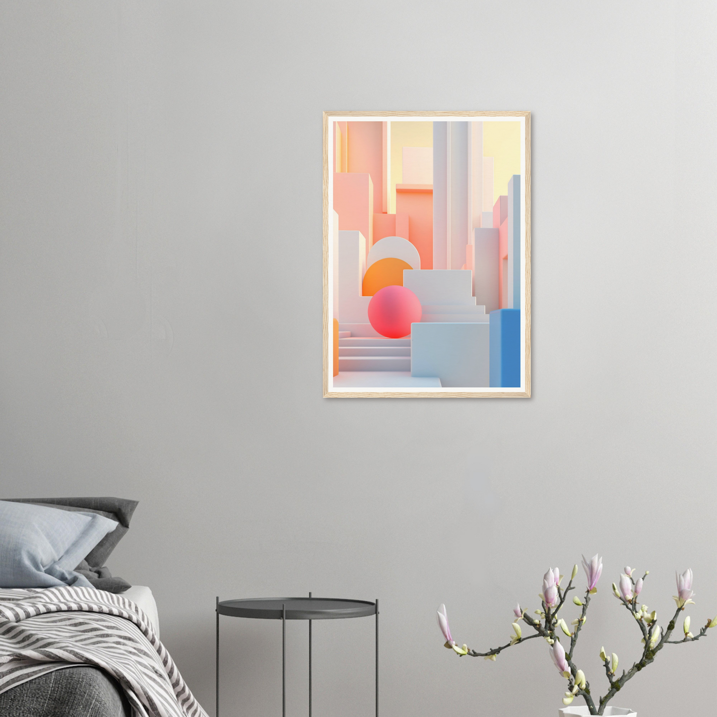 A framed print of a pink and blue abstract painting