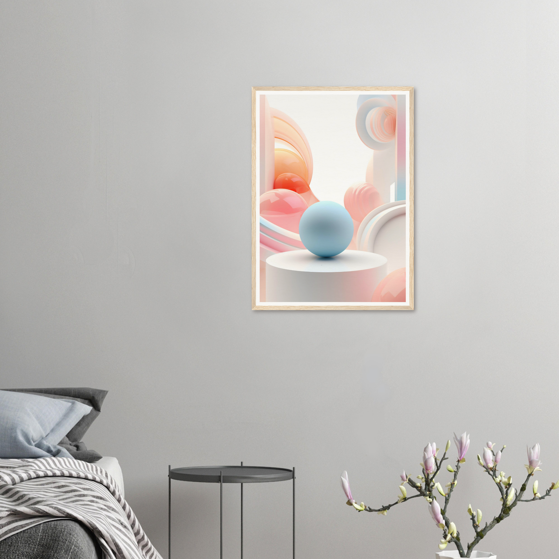 A framed print of a pink and blue abstract painting