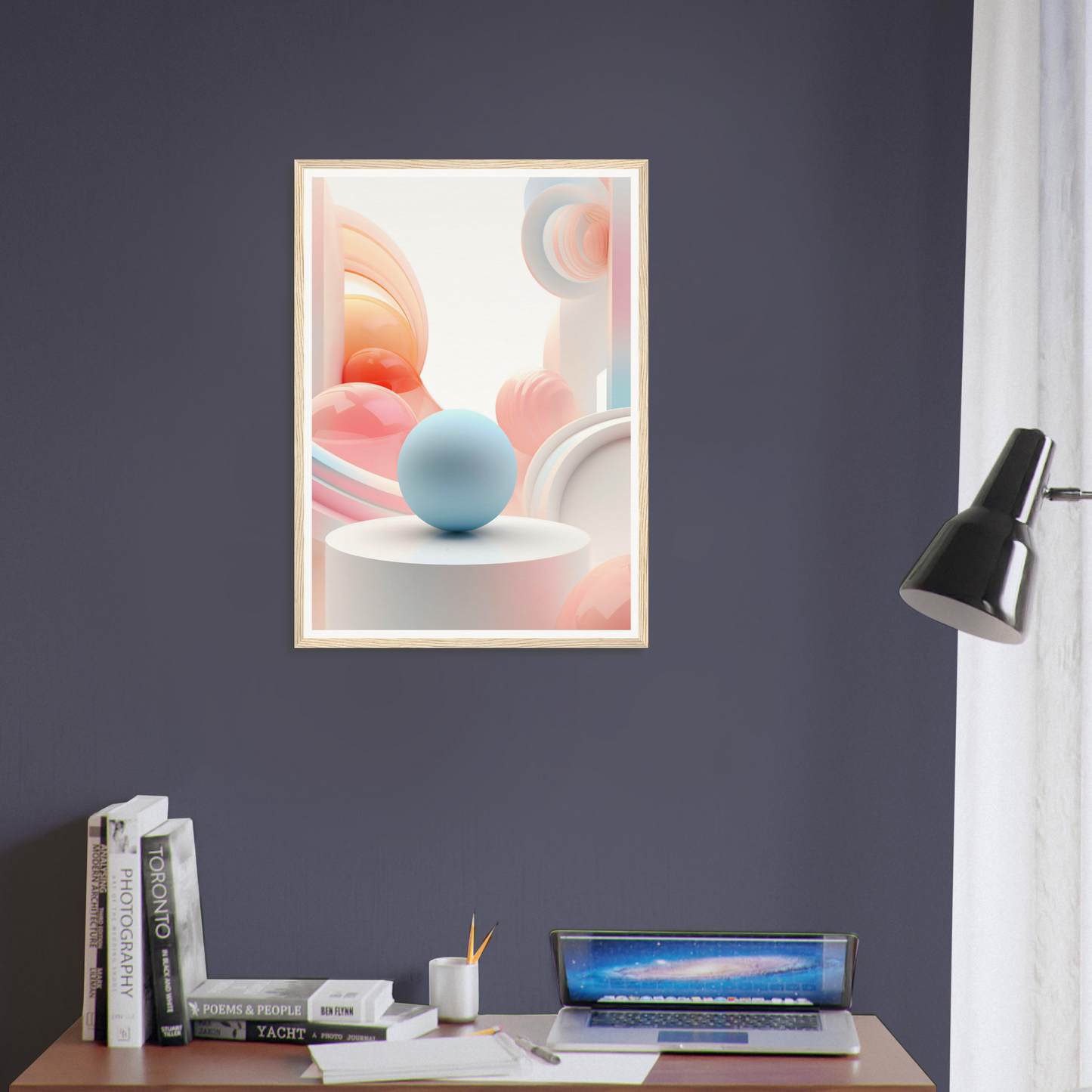 A framed print of a pink and blue abstract painting