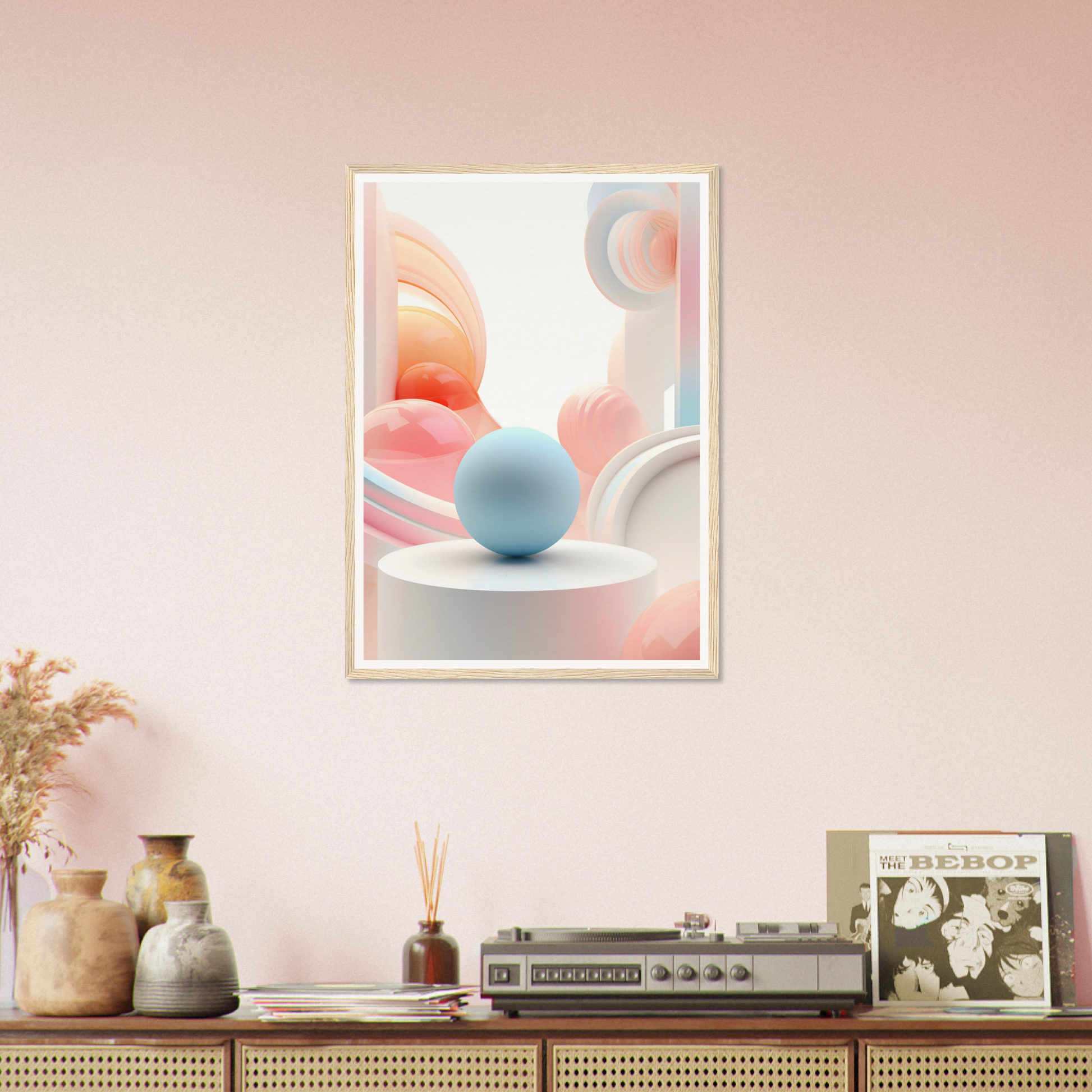 A framed print of a pink and blue abstract painting