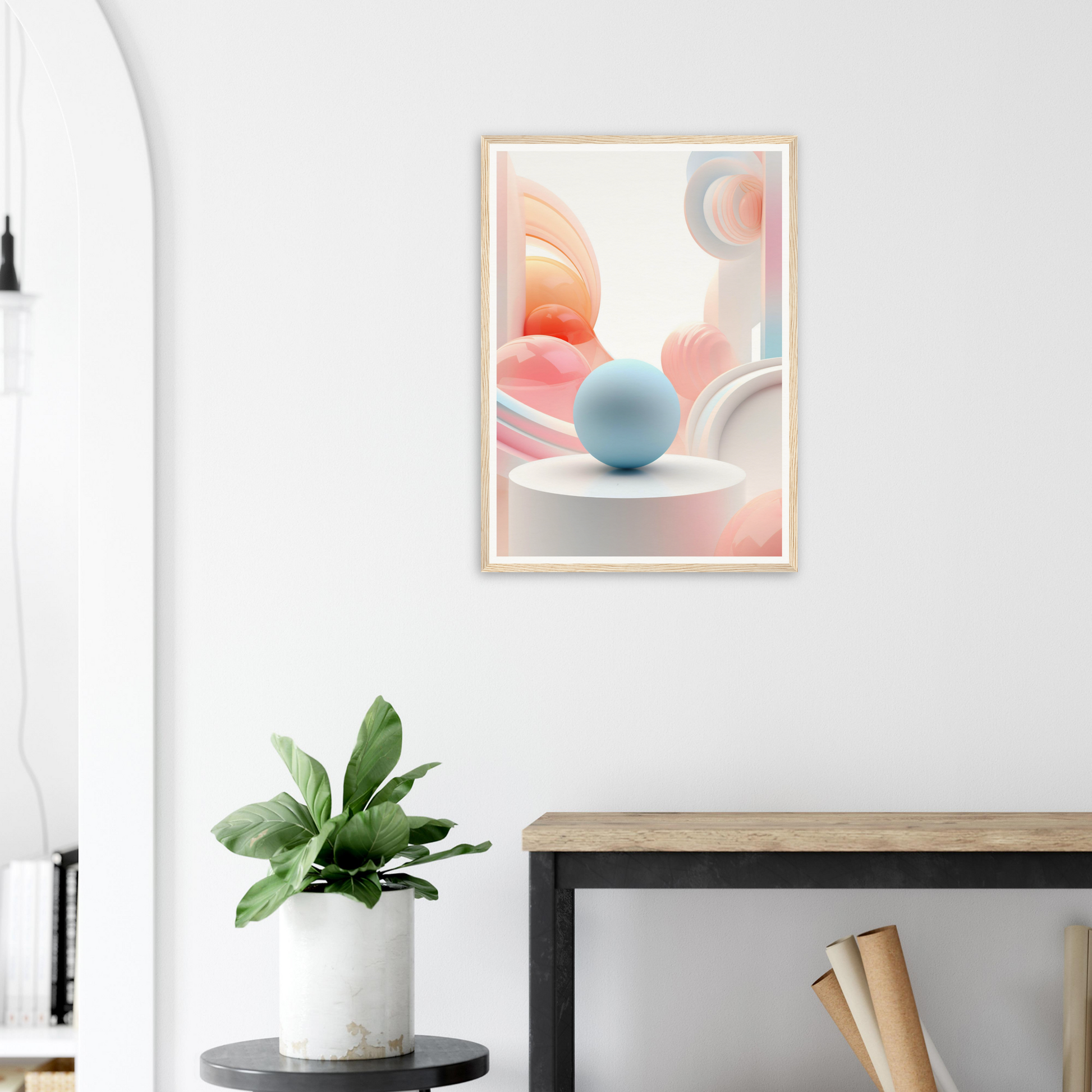 A framed print of a pink and blue abstract painting