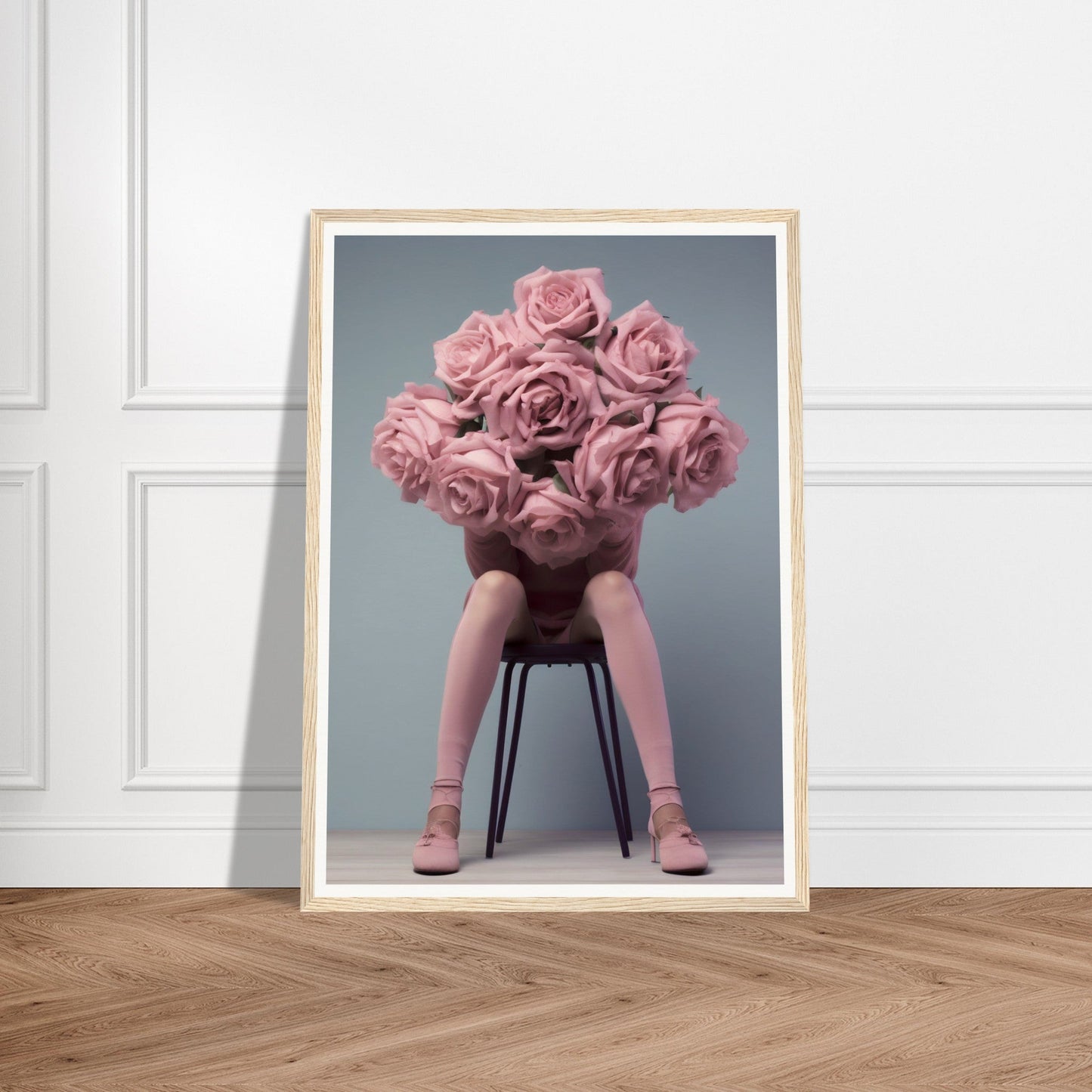 A framed print of a pink flower arrangement on a wooden floor