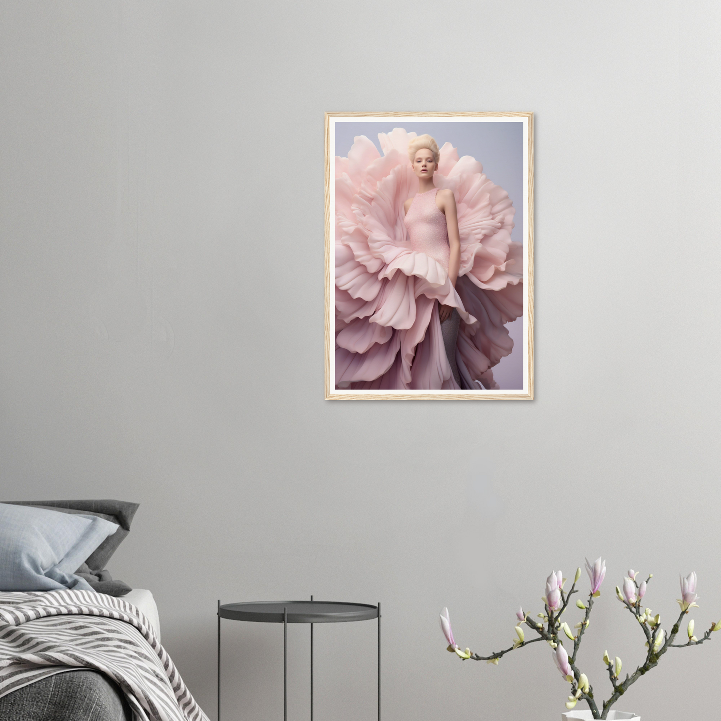 A framed print of a pink flower with a woman in a dress