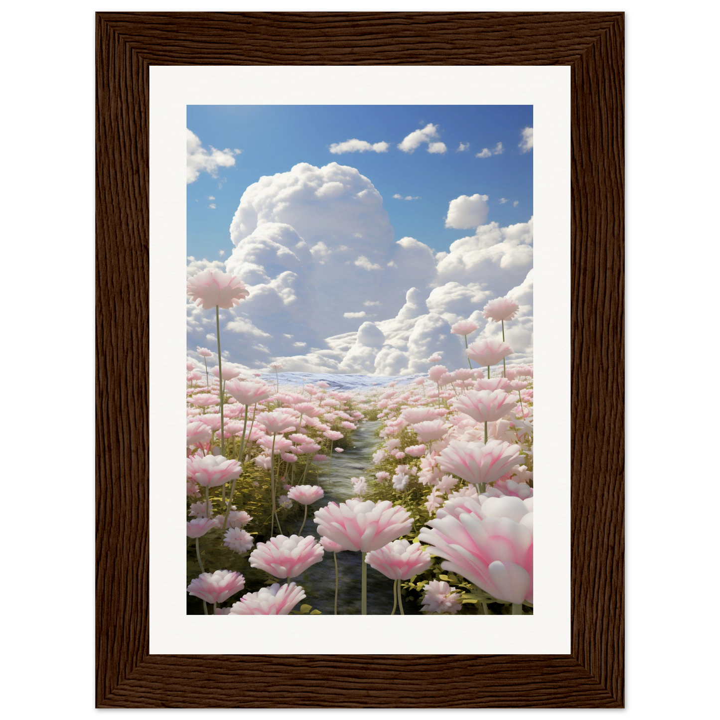 A framed print of pink flowers in a field