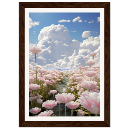 A framed print of pink flowers in a field