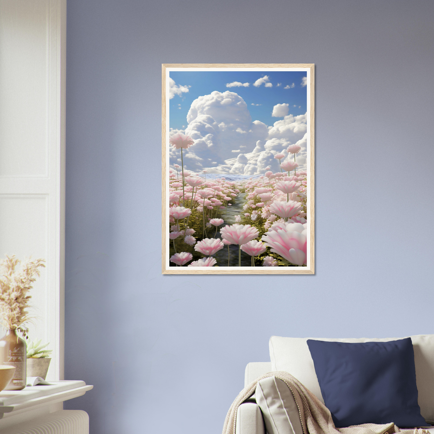 A framed print of pink flowers in a living room