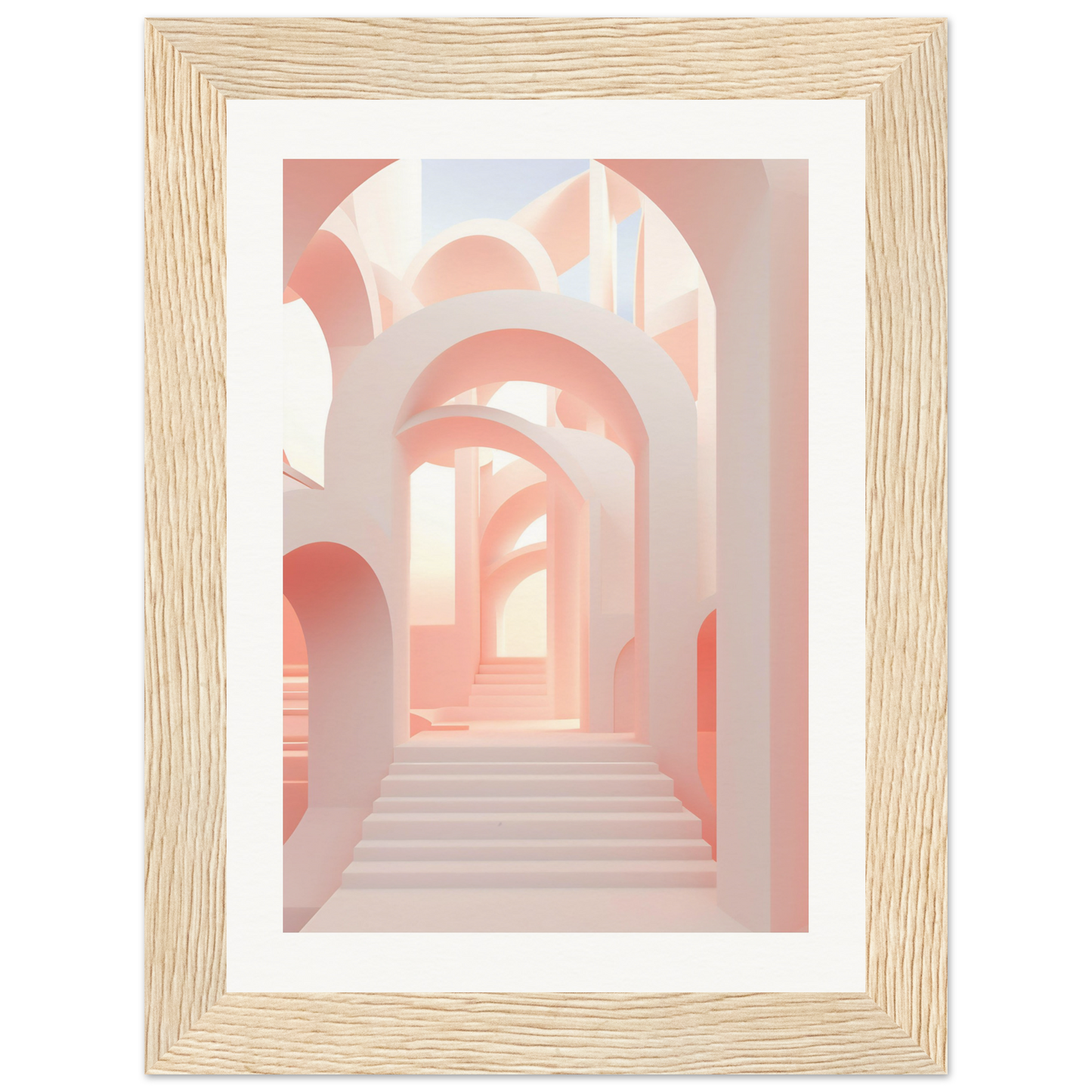 A framed print of a pink hallway with stairs