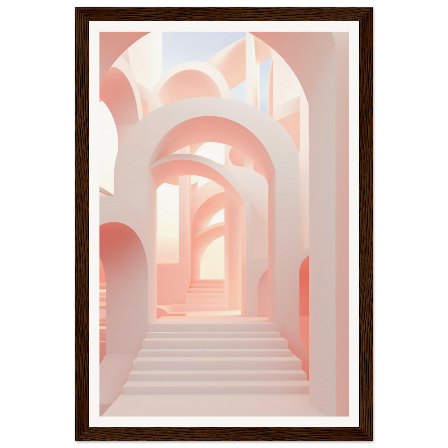 A framed print of a pink hallway with stairs