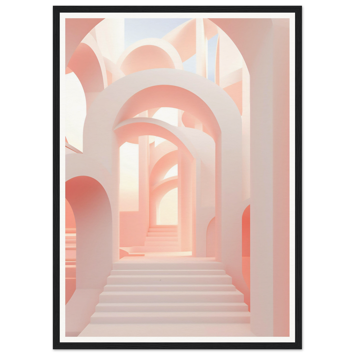 A framed print of a pink hallway with stairs