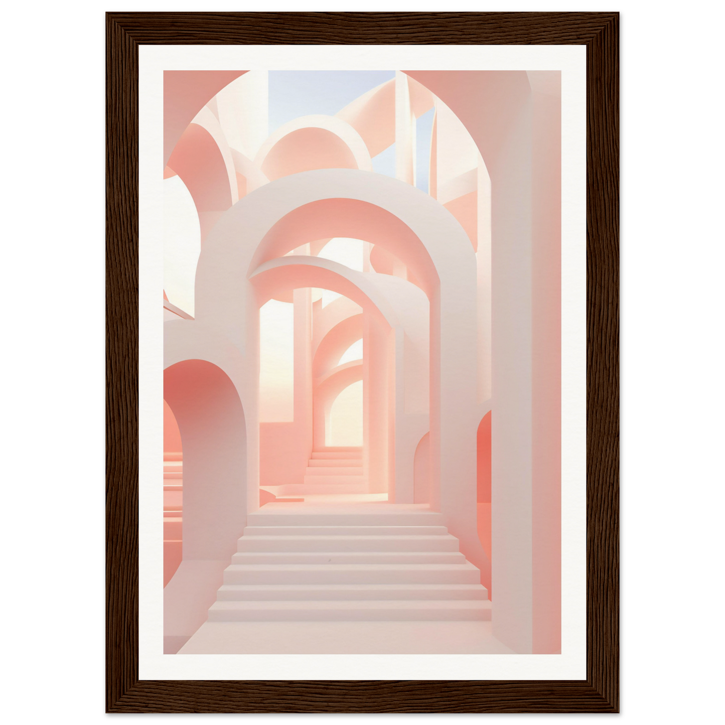 A framed print of a pink hallway with stairs