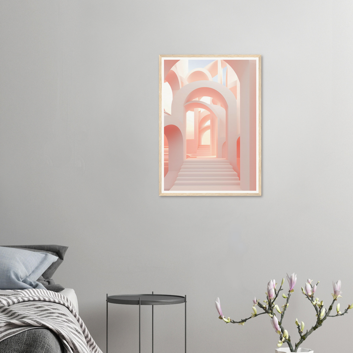 A framed print of a pink hallway with stairs