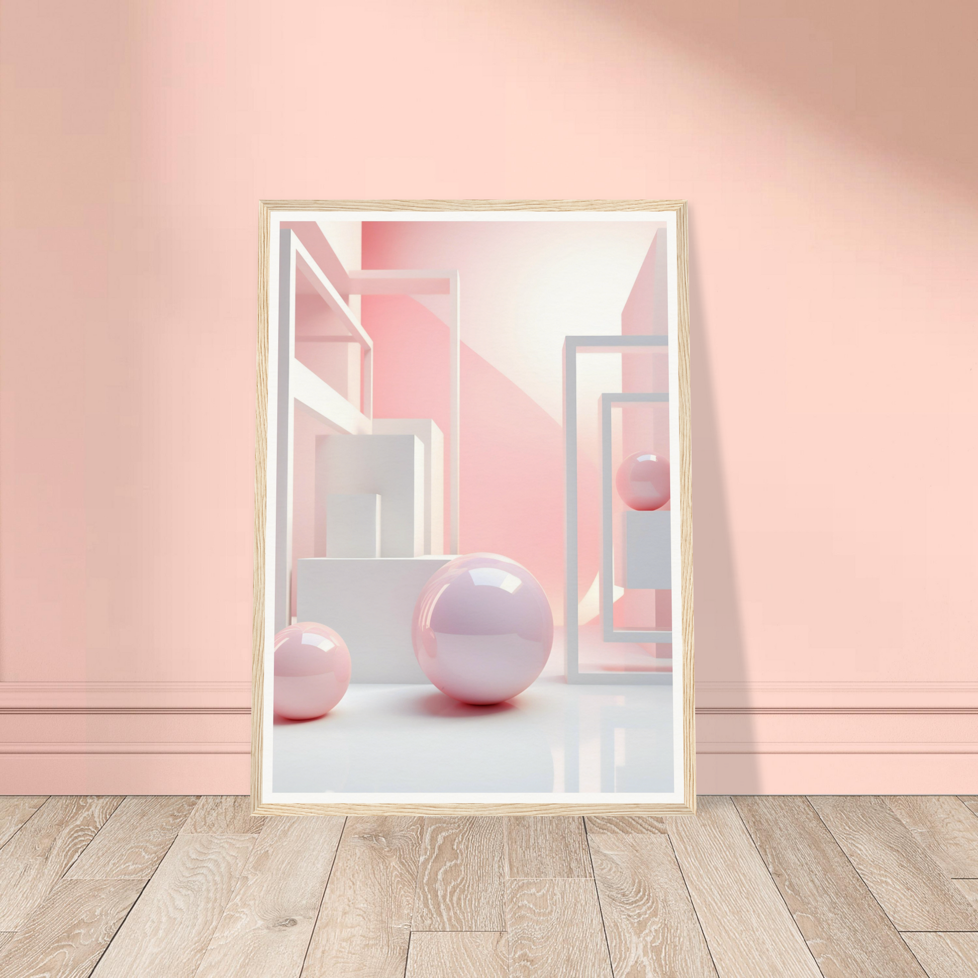 A framed print of a pink room with a pink wall and wooden floor