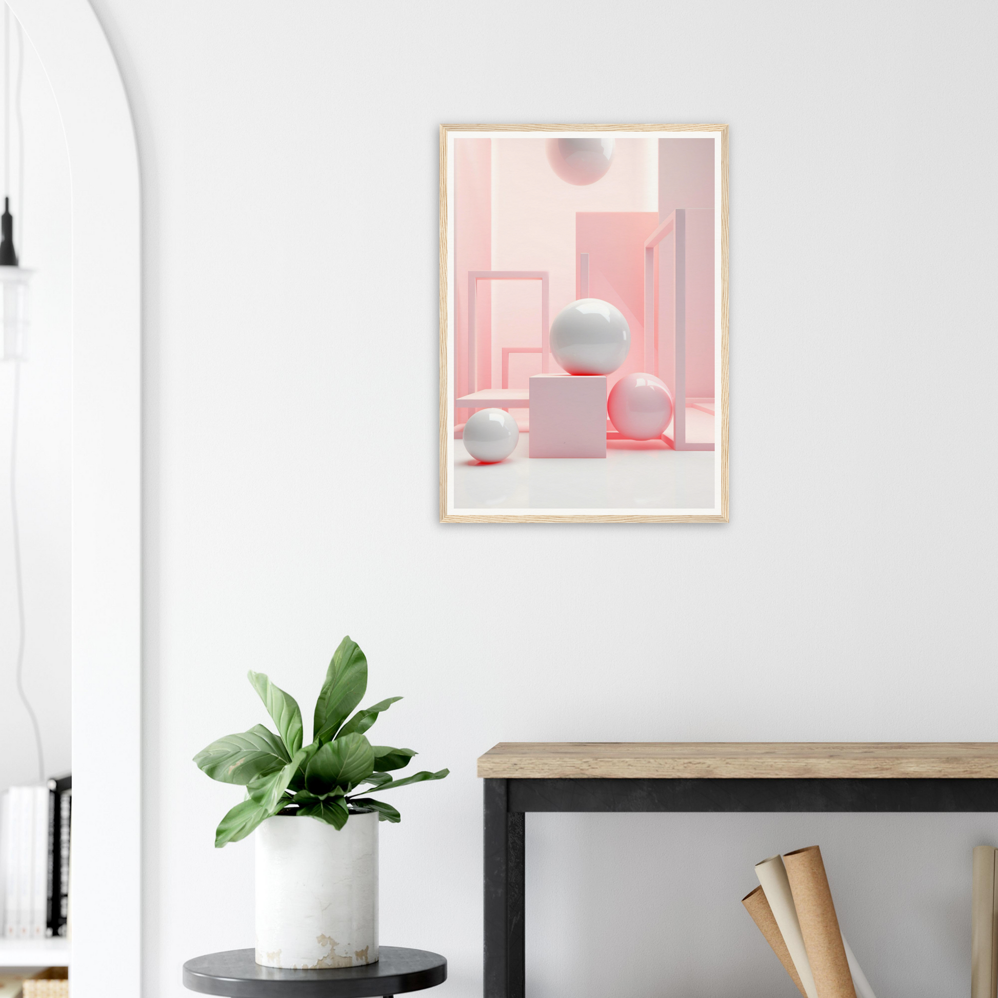 A framed print of a pink room with a plant