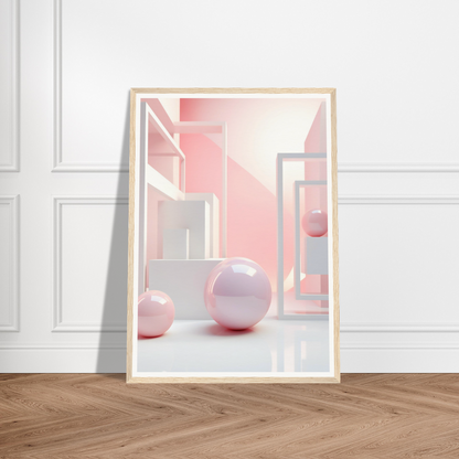 A framed print of a pink room with a white chair and a pink vase