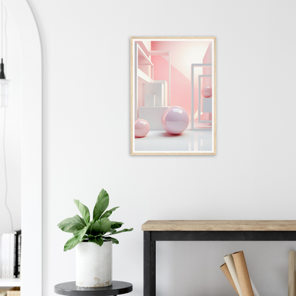 A framed print of a pink room with a plant in the corner