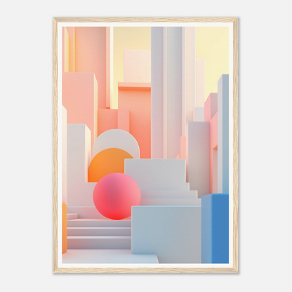 A framed print with a pink sphere in the middle