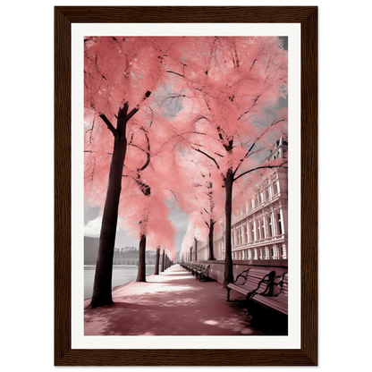 A framed print of a pink tree in a park