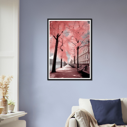 A framed print of a pink tree in a city