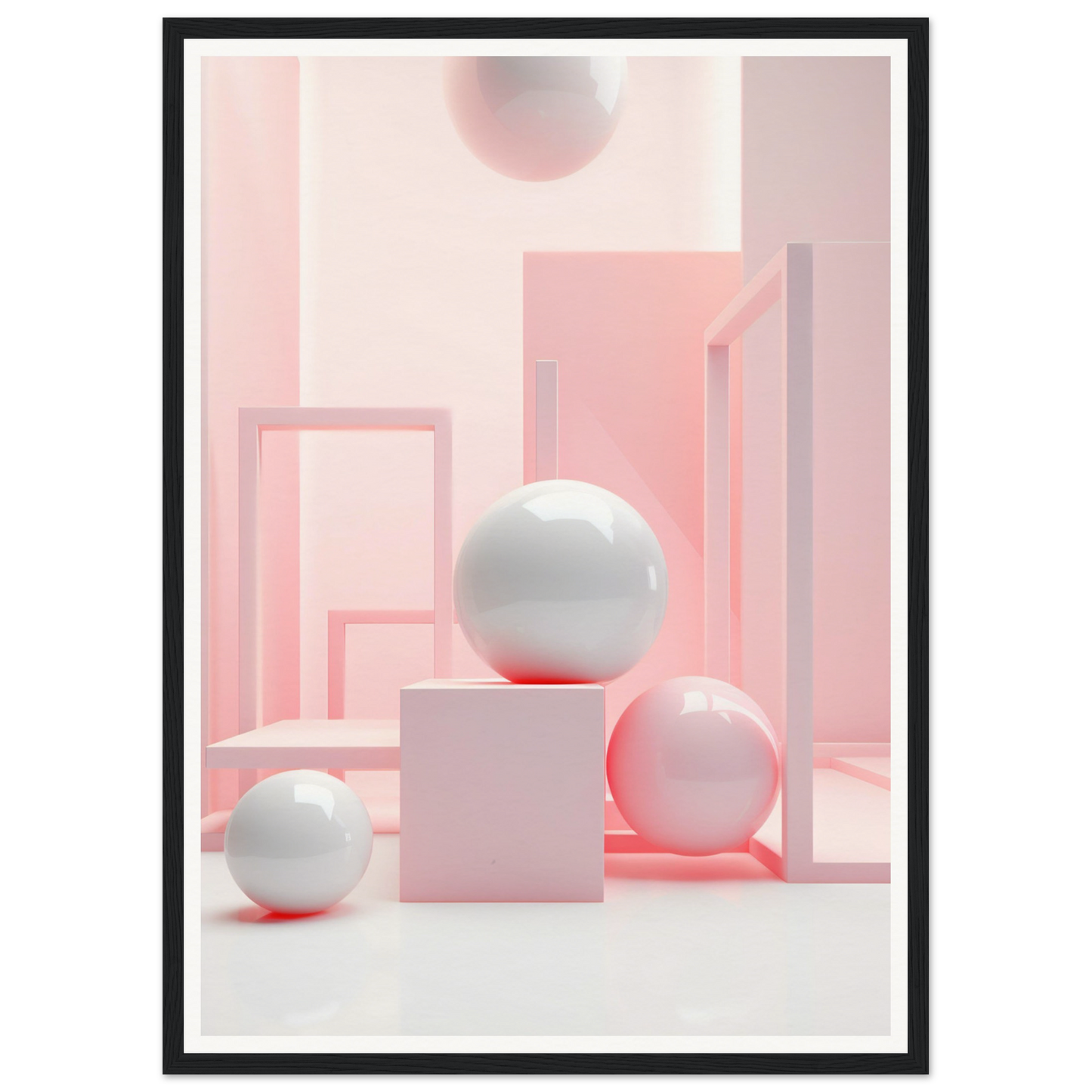 A framed print of a pink and white abstract composition