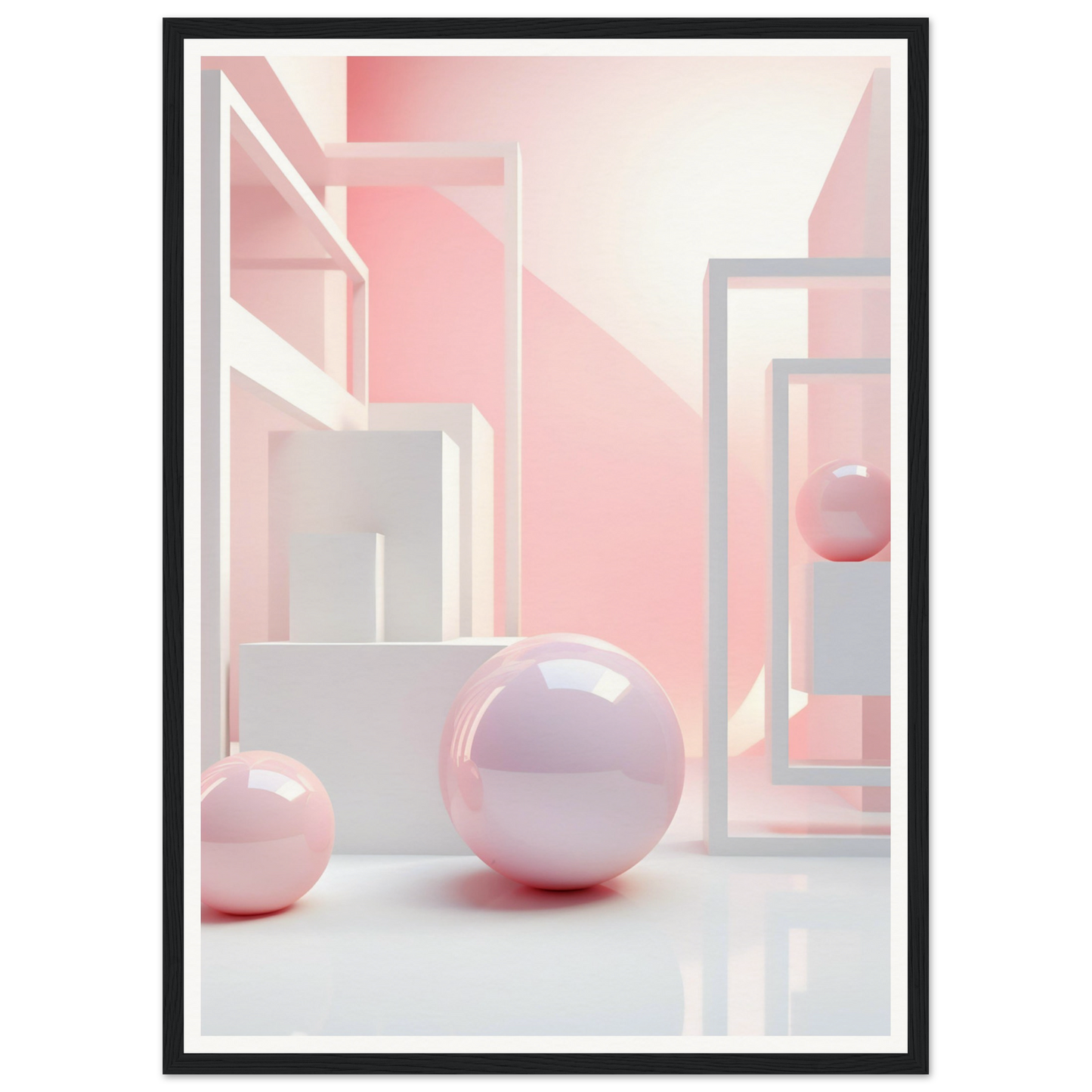 A framed print of pink and white balls in a room