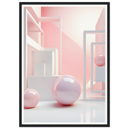 A framed print of pink and white balls in a room