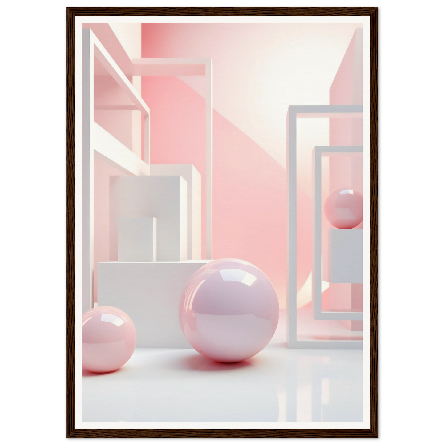 A framed print of pink and white balls in a room