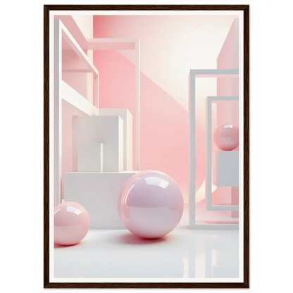 A framed print of pink and white balls in a room