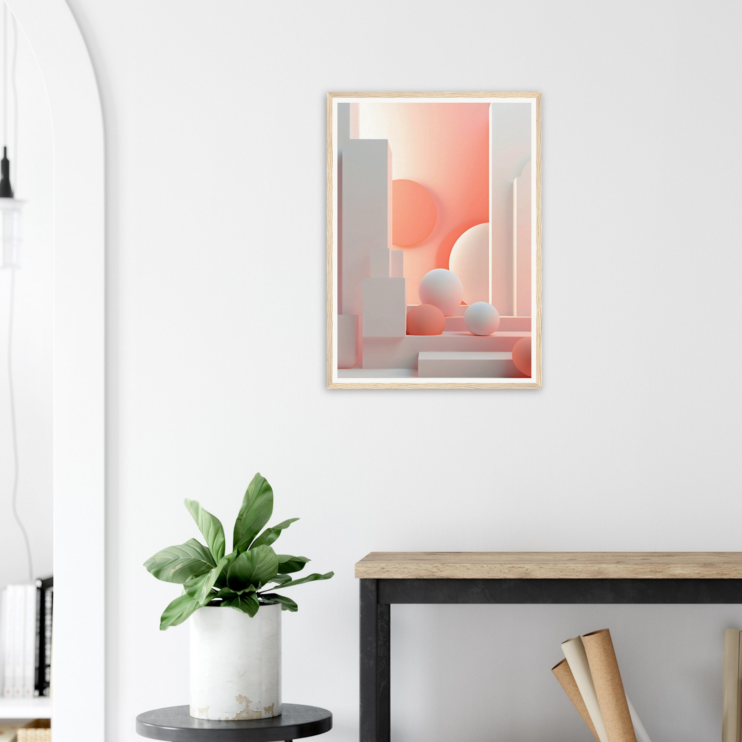 A framed print of a pink and white abstract painting