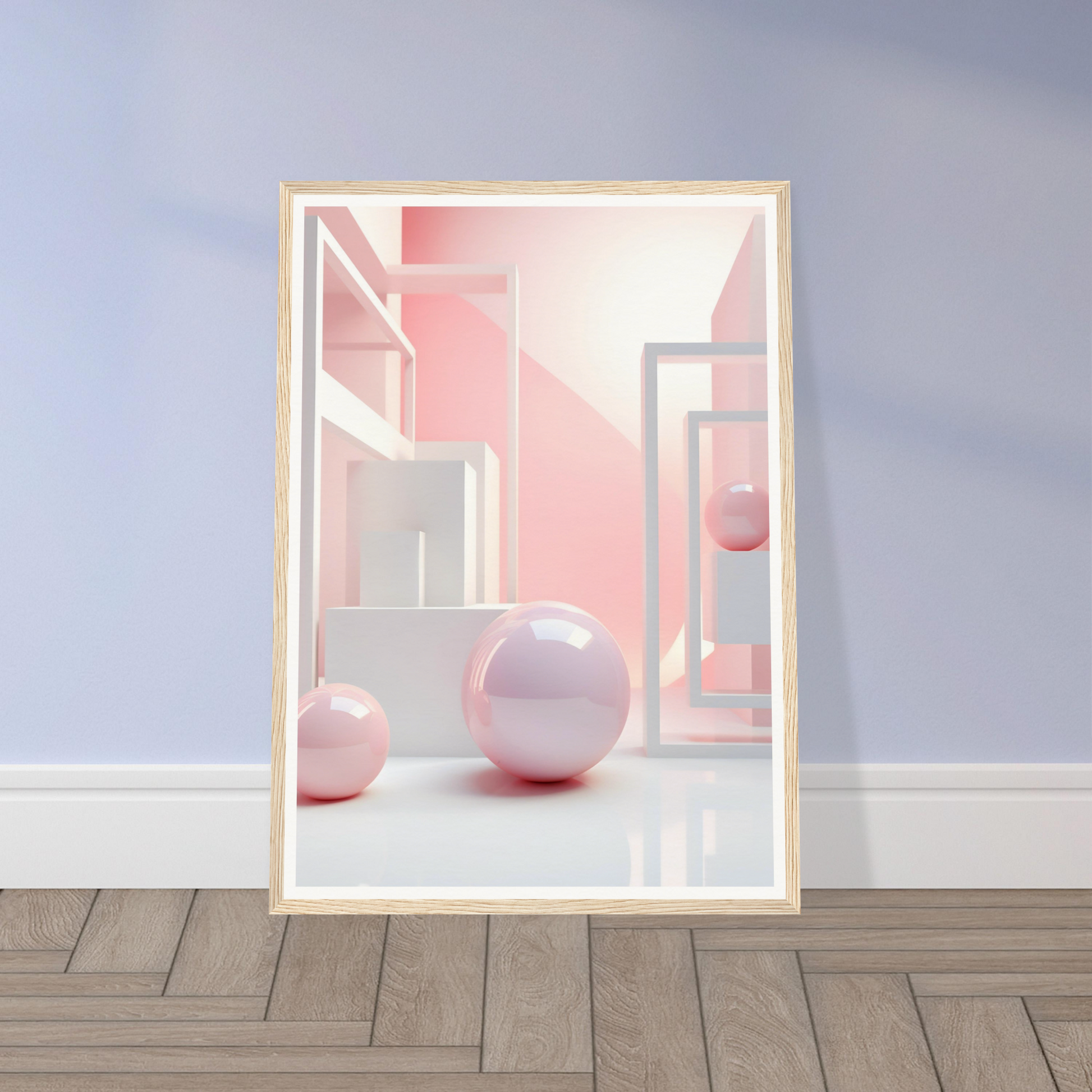 A framed print of a pink and white room with a large mirror