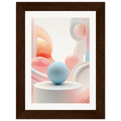 A framed print with a sphere and a white background