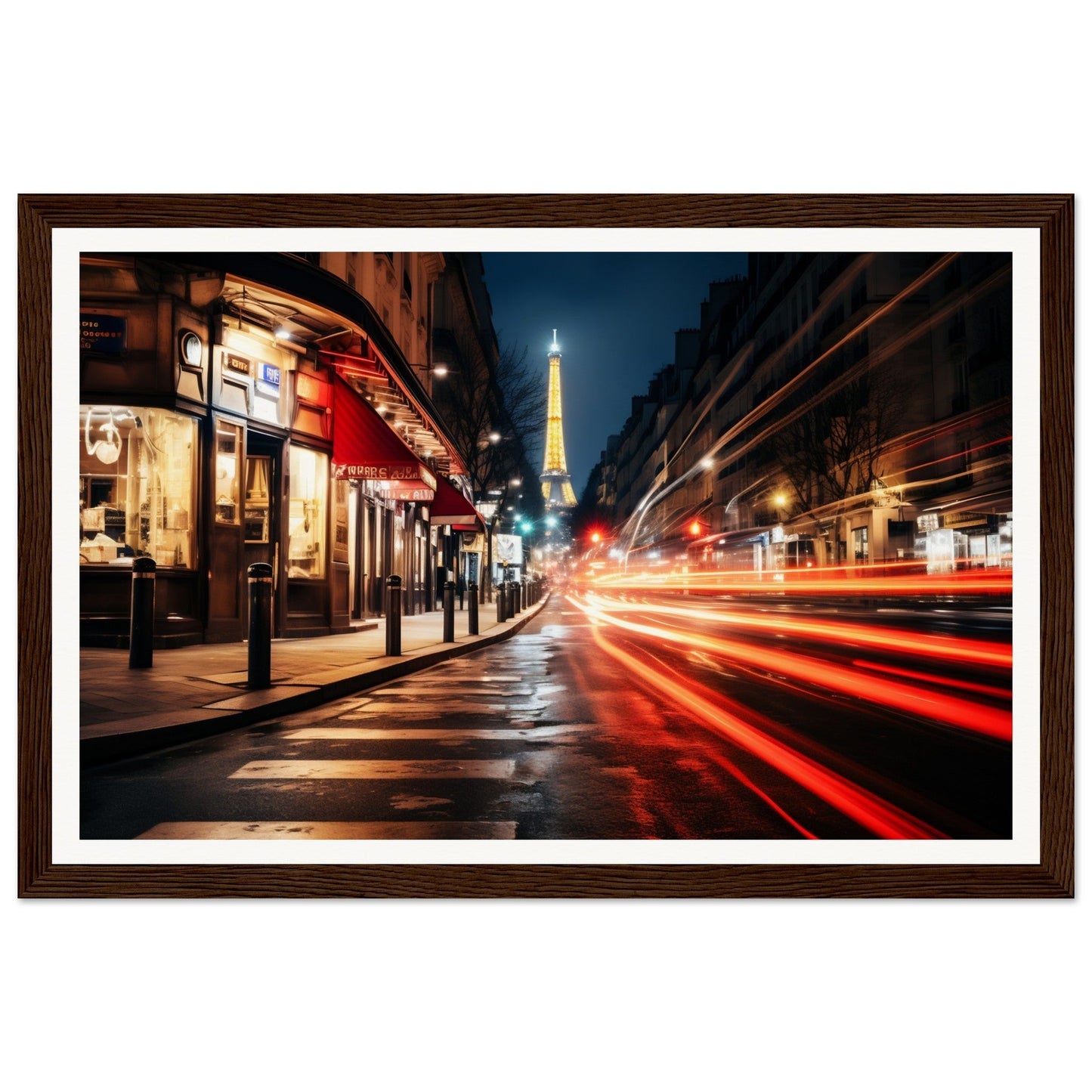 A framed print of a street scene with a red light streaking down the road