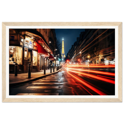 A framed print of a street scene with a red light