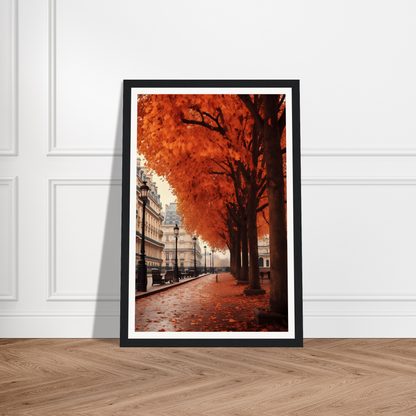 A framed print of a street scene with a tree and a bench