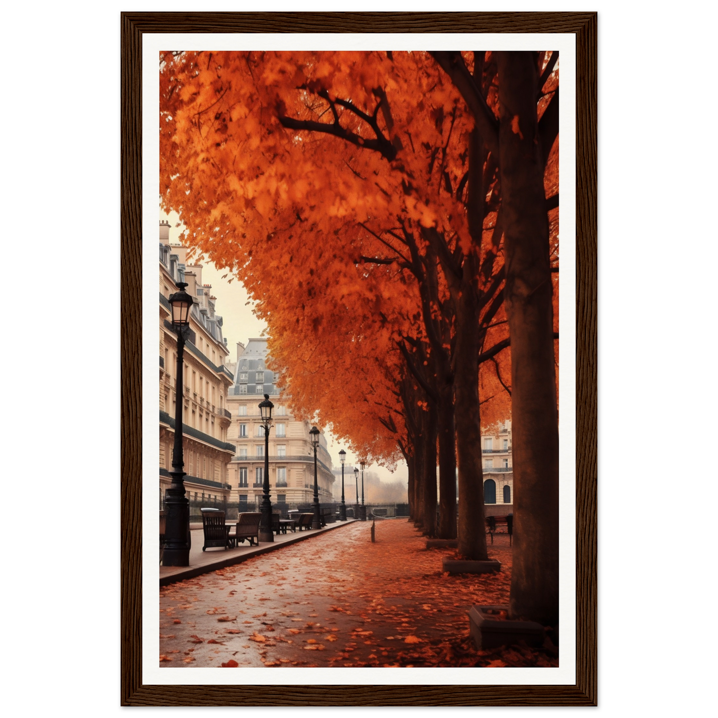 A framed print of a street with trees and a bench