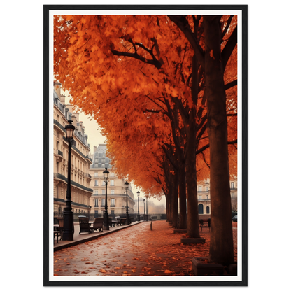 A framed print of a street with trees and benches