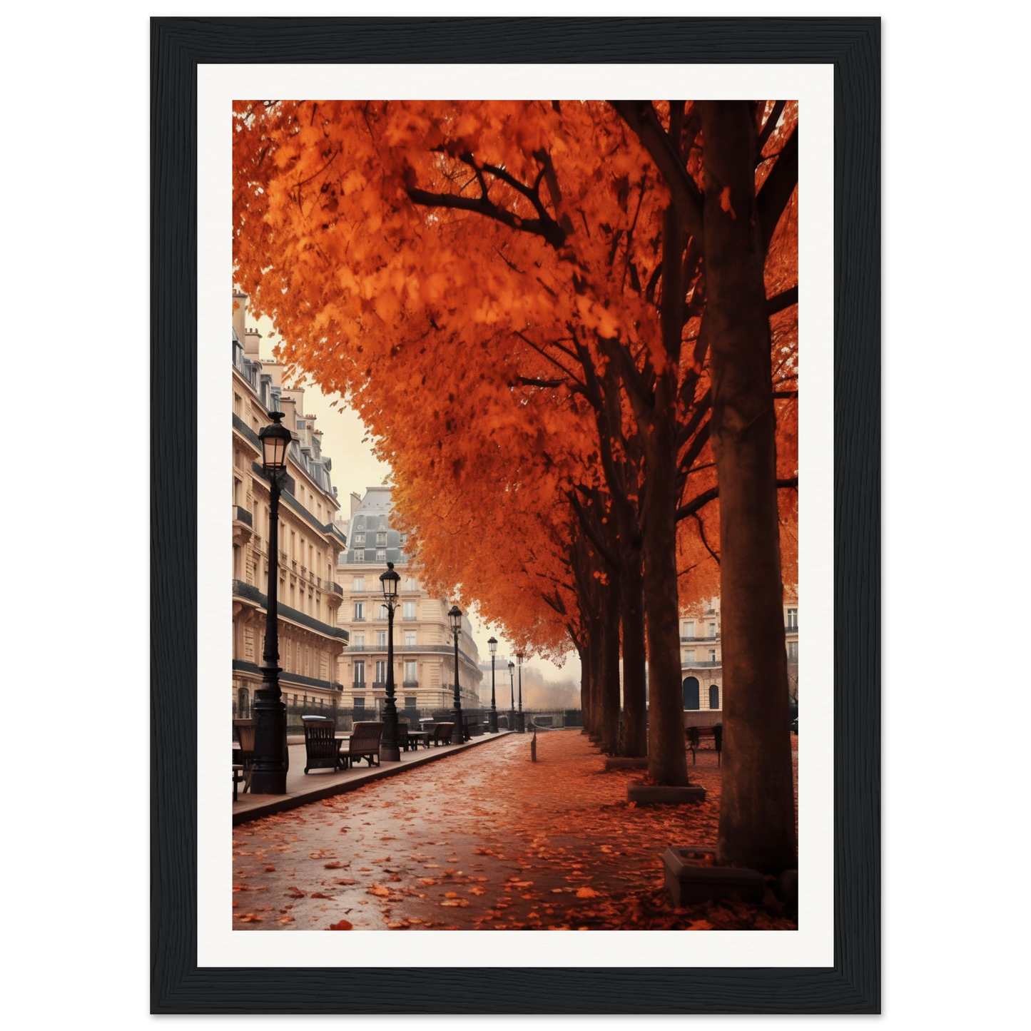 A framed print of a street with trees and buildings