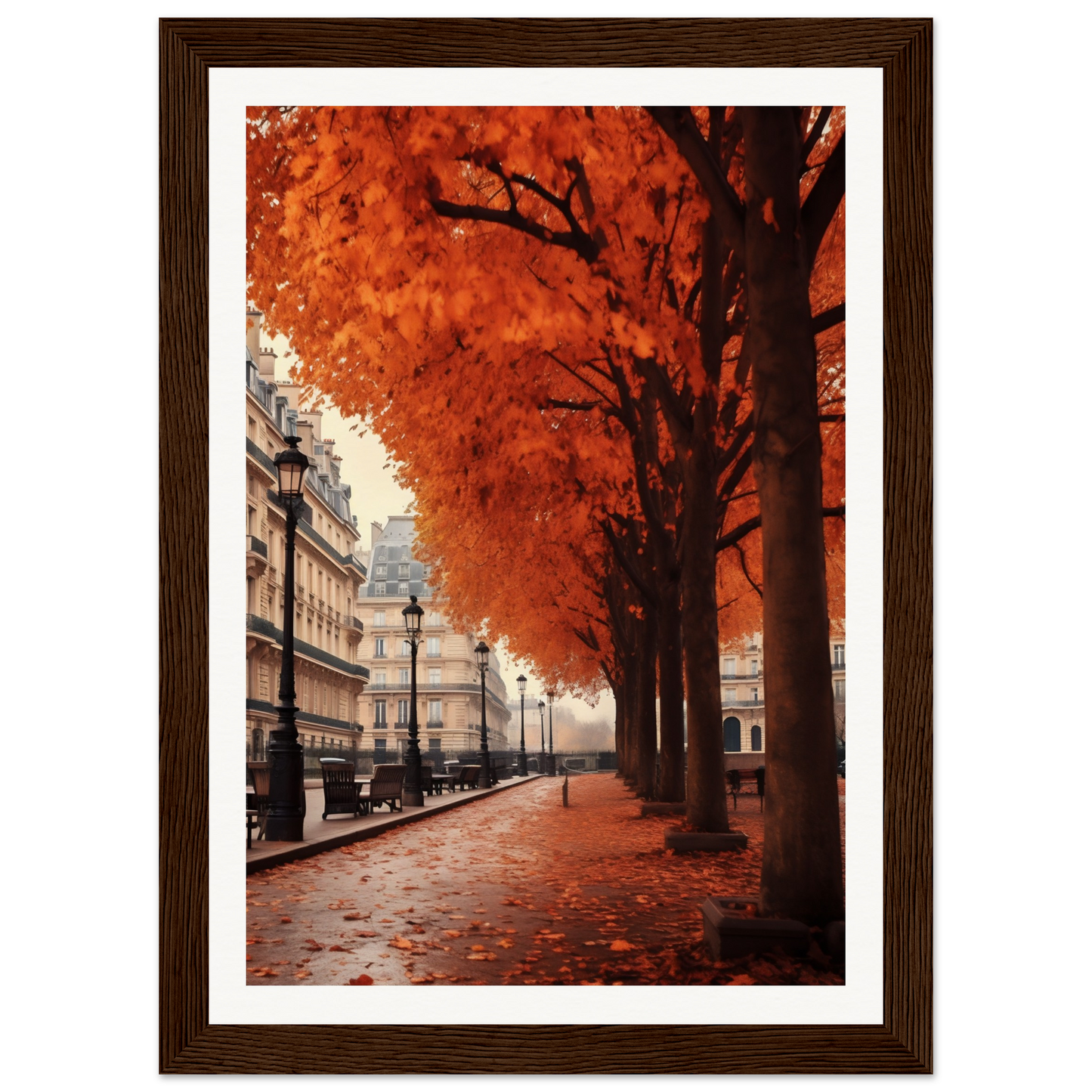 A framed print of a street with trees and buildings