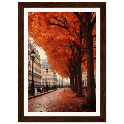 A framed print of a street with trees and buildings