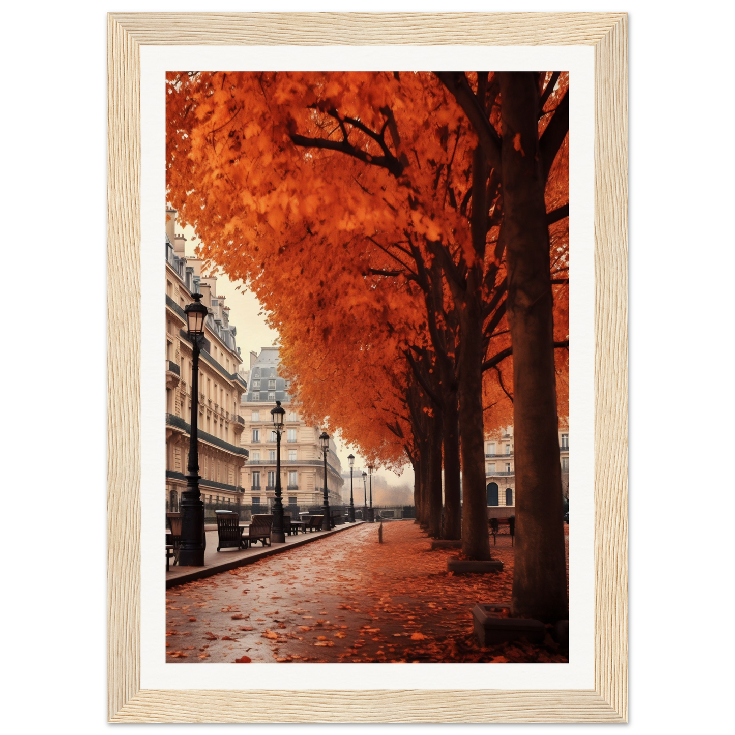 A framed print of a street with trees and buildings