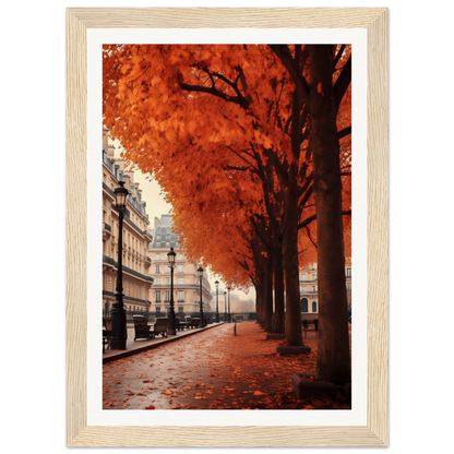 A framed print of a street with trees and buildings