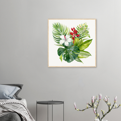 A framed print of tropical leaves and flowers